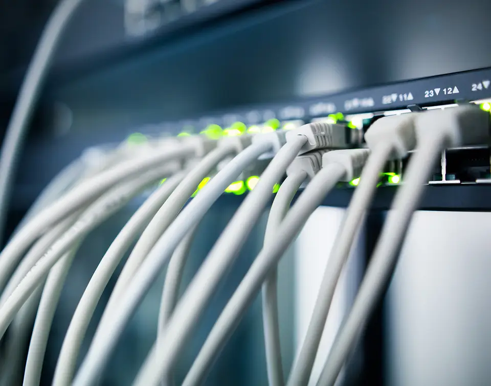 Close-up of cables plugged into server equipment.