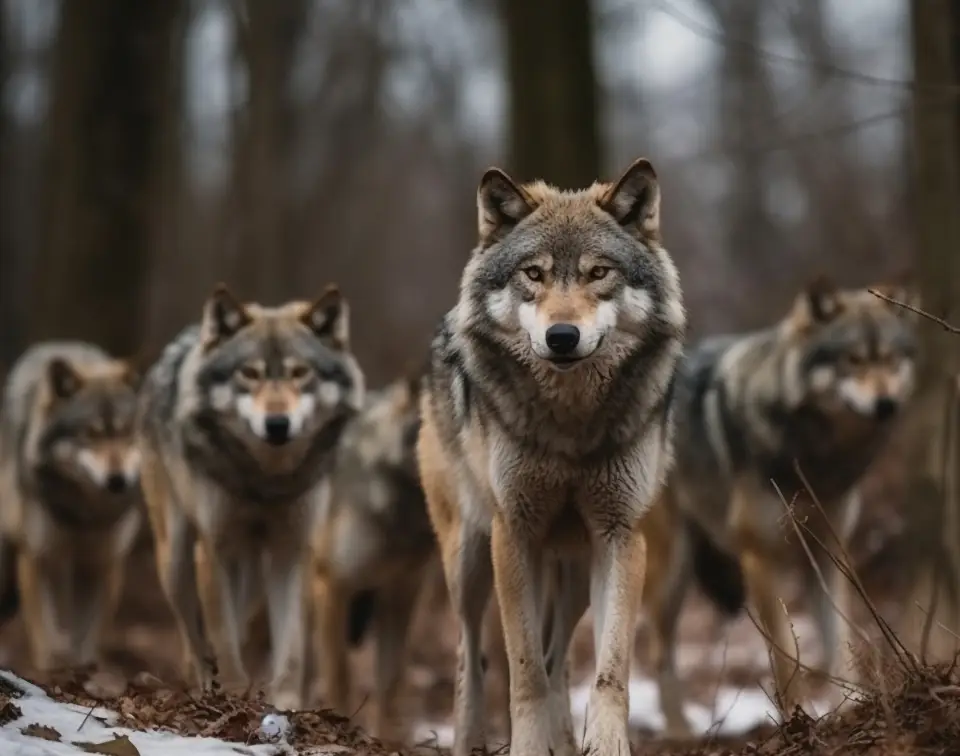 A close up of a wolf with larger pack in background representing WolfStrata's culture of teamwork and togetherness.