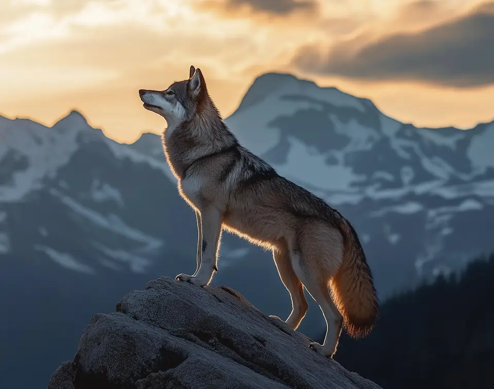 Wolf looking out over a mountain landscape, symbolizing hope and a shared vision for a better future.