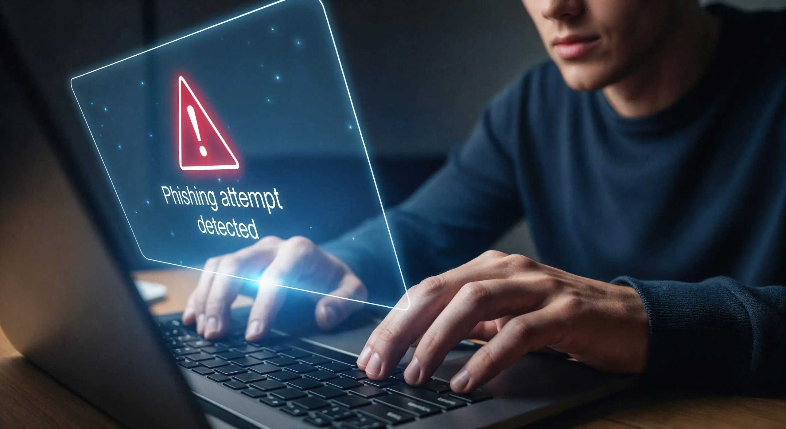 Person working on a laptop as a security alert flags a detected phishing attempt.